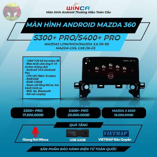 MÀN HÌNH ANDROID LIỀN CAMERA 360 WINCA MAZDA S400+ PRO